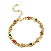 Load image into Gallery viewer, Gold chain bracelet with colorful gemstones.